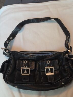 PERLINA Classic Black Shoulder Bag with Buckle Pocket Detail